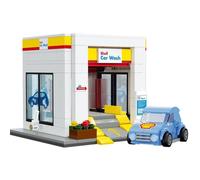 Set de construction CADA Station de lavage Shell 294 pièces avec petite voiture Blanc, mini modèle sur socle, brosse rotative et toit mobile