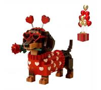 Set de Construction Exclusif pour la Saint-Valentin : Teckel en Briques - Kit DIY d'assemblage 3D - Jouet créatif en Blocs avec Rose, pour Les Amoureux des Chiens et Les Adultes