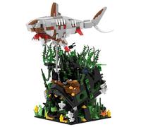 Set de construction MOC de scène sous-marine avec un grand requin blanc, 1014 PCS, modèle de requin suspendu avec accessoires de coraux et de squelettes, compatible avec les grandes marques de briques