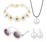 Set de Costume Hippie pour Femmes Accessoires de Déguisement des Années 60 et 70 Inclure Bandeau de Fleur Marguerite Lunettes Rondes Rétro Collier et Boucles d'Oreilles de Signe de Paix