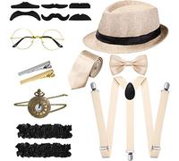 Set de Costume Homme 1920s de Gangster Rétro, Chapeau, Noeud Papillon, Montre de Poche, Porte-Jarretelles, Lunettes, Barbe, Brassard Jarretelles, Pinces à Cravate (Style Simple, Blanc Cassé)