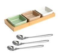 Set de Coupelles à Dip en Céramique avec Plateau en Bois - 3 Coupelles Couleurs Pastel Mat, Avec Petite Cuillère, Pour Sauces Tapas Sushi BBQ, Plateau Apéro et Assiettes Snack