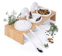 Set de coupelles en porcelaine avec cuillères et couvercles ; 3 petites coupelles dans un plateau & petite planche de service comme récipient à épices pour snacks, huiles, sel, chili & dressing
