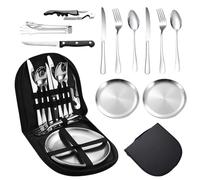 Set de couverts de camping pour 2 personnes - Portable - En acier inoxydable - Pour camping, pique-nique et voyage - Avec couteau, fourchette, cuillère et assiette dans un sac de transport (pour 2