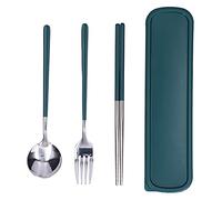Set de Couverts en Acier Inoxydable 3 Pièces, Baguettes Cuillère Fourchette, Vert Argent - Durable Antirouille, Sécurisé Sans BPA, Pour Cuisine et Bureau (Vert Argent)