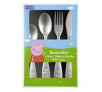 Peppa Pig Ensemble de couverts pour enfant 4 pièces avec couteau, fourchette, cuillère à soupe et cuillère à dessert en acier inoxydable gaufré