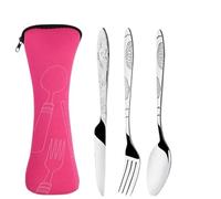 Set de couverts Sac à couverts en acier inoxydable lavable avec fermeture éclair, trousse, portable(3 PCS Rose red)