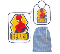Set de crèche 3 pièces CARTOON, bavoir et petite assiette avec dos plastifié, sac, ensemble pour le repas, Spiderman, Taglia unica