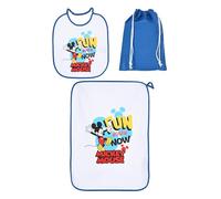 Set de crèche 3 pièces CARTOON, bavoir et petite assiette avec dos plastifié, sac, ensemble pour le repas
