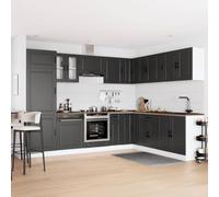 Set de cuisine 14 pièces Porto noir bois multicouche et verre avec base | Base d'évier 80 x 46 x 81,5 cm, armoires avec verre, pieds réglables, montage nécessaire, surface lisse facile à nettoyer