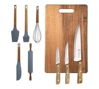 Set de cuisine de 9 pièces : 3 couteaux en acier inoxydable + 5 ustensiles en silicone et bois + planche à découper 40 x 25 cm NOIA San Ignacio