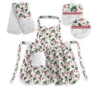 Set de Cuisine Fraises (XPCU86.C) avec Toile Aïda 55 Trous à Broder au Point de Croix : Tablier, Gant Double, Paire de maniques coordonnées