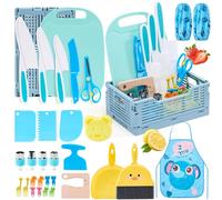 Set de Cuisine pour Enfants - 30 Pièces avec Couteaux Antidérapants, Planche à Découper, Grembiule et Accessoires Montessori pour Apprendre à Couper Fruits et Légumes (Bleu)