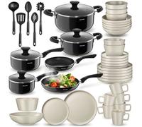 Set de cuisine - TECTAKE - Éléments en acier inoxydable et grès émaillé 6 personnes vaisselle et casseroles - 45 pieces - Taupe/Noir