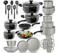 tectake® Set de cuisine 45 pièces, Service de table 6 personnes et Batterie de cuisine, Poêles, Casseroles, Assiettes plates, Assiettes creuses, Bols, Tasses, Louche, Spatule, Vaisselle en grès