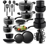 Set de cuisine - TECTAKE - Éléments en acier inoxydable et grès émaillé pour 6 personnes avec vaisselle et casseroles - 45 pièces