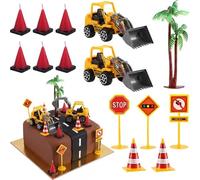 Set de Décor de Fête de Construction Bougies Moulées Forme de Cône à 6 Unités, 2 Pièces Décors de Camion de Construction, 1 Pièce Palmier avec Noix de Coco et 5 Pièces Barricade