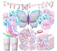 Set de décoration d'anniversaire papillon,79 pièces vaisselle de fête papillon set d'accessoires de fête,papillon assiettes en carton ballon de baudruche tasses serviettes bannière 20 invités