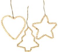Set de décoration de Noël avec perles en bois - Coeurs, étoiles & sapins Ornements à suspendre Nature 13cm 6pc