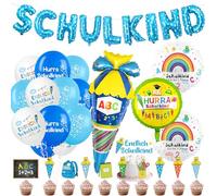 Set de décoration de rentrée scolaire pour garçon, cadeau de rentrée scolaire Set de ballons bleus, avec bannière SCHULKIND bleue, sac à sucre Ballons avec ABC