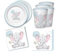 Set de décoration de table 36 pièces avec éléphant et ballon bleu pour anniversaire d'enfant - 8 assiettes, 8 gobelets, 20 serviettes 33 x 33 cm