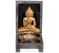 Set de décoration en bois « Bouddha doré » avec photophore en verre et pierres décoratives - 15 x 9 x 9 cm - Méditation Altaire