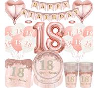 Set de décoration pour le 18e anniversaire, 80 pièces or rose - Ensemble de vaisselle pour fête 18 ans avec grand ballon en aluminium de 18 ans, accessoires de fête, assiettes en carton Happy Birthday