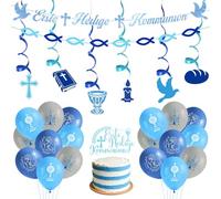 Set de Décoration pour Première Communion et Baptême - Décoration pour Confirmation, Fête Religieuse Bleu et Blanc avec Bannière, Ballons, Guirlande et Spirales pour Événements Religieux et Églises