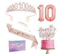 Set de Décorations pour 10e Anniversaire - Sash et Couronne de Fête en Or Rose, Couronne de Gâteau et Bougies, Ballons en Papier Aluminium Chiffre 10, Fournitures de Fête, Cadeaux pour Fille de 10 Ans
