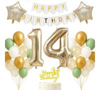 Set de décorations pour 14e anniversaire en or clair, blanc et vert sauge - Bannière "Happy Birthday", ballons, décor de photo, toile de fond pour garçons, filles, enfants de 14 ans - Fournitures de