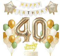 Set de décorations pour 40e anniversaire en thème or clair, blanc et vert sauge - Bannière "Happy Birthday", décoration de ballons, toile de fond photo pour femmes, hommes, adultes fêtant leurs 40 ans