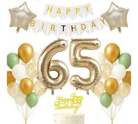 Set de décorations pour 65e anniversaire Or clair Blanc Sauge Vert Thème Bannière Joyeux Anniversaire Ballon Décor Fond photo pour femmes hommes adultes fête des 65 ans Fournitures de fête Décoration