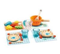 DJECO Dinette Imitation à la Table des Chatons, dès 18m - Apprentissage Ludique des Séquences d'un Repas - Éveil des Couleurs et Formes - Set Complet pour Dresser la Table et Boîte de Rangement