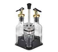 Set de distributeur en verre pour bouteille d'assaisonnement, capacité 200ml, avec support pivotant en acier inoxydable à 360°, set de distributeur d'huile et de vinaigre (Silver_Black_T221, 4)