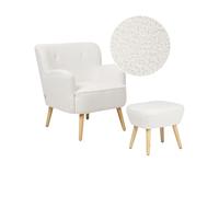 Set de Fauteuil et Repose-Pieds en Boucle Blanche et Pieds en Bois d'Hévéa