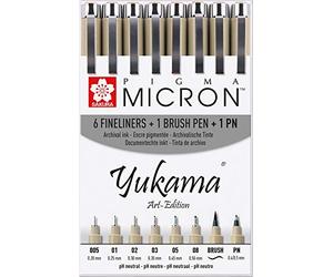 Set de feutres Yukama Sakura Art-Edition - 6 feutres à pointe fine Pigma Micron - 1 feutre pinceau Pigma - 1 feutre PN Pigma - Noir