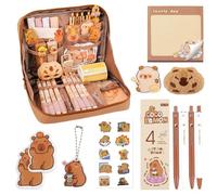 Set de Fournitures Scolaires Capybara - Trousse en Tissu, 10 Autocollants, Peluche Miniature, Badge Épinglé, Porte-Clés, Bloc-Notes, 4 Stylos Gel & Clip - Lot Cadeau Mignon pour École & Bureau