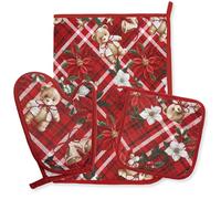 Set de gants maniques et torchons de Noël de cuisine 3 pièces en 100% coton - Motifs avec Père Noël et Rennes - Accessoires de four Idées cadeaux Noël