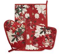 Set de gants maniques et torchons de Noël de cuisine 3 pièces en 100% coton - Motifs avec Père Noël et Rennes - Accessoires de four Idées cadeaux Noël