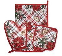 Set de gants maniques et torchons de Noël de cuisine 3 pièces en 100% coton - Motifs avec Père Noël et Rennes - Accessoires de four Idées cadeaux Noël