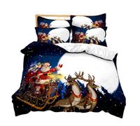 Set de Housse de Couette Noël Ensemble de Literie Père Noël Bonhomme de Neige Wapiti Nouvel Paysage Polyester Parure de lit Enfants Garçons Filles et Taie d'oreiller (Bleu Rouge 5,200_x_200_cm)