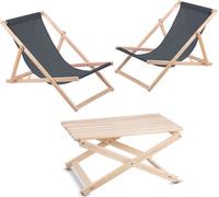 Set de jardin, 2 chaises longues grises + table en hêtre de haute qualité