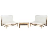 Set de Jardin 2 Places Table Basse et Chaises avec Coussins d'Assise et Dossier pour Intérieur et Extérieur Bois Clair et Blanc Cassé Todi