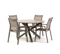 Set de jardin TEO & DINA avec table ronde Ø120 cm effet bois en SPC et 4 chaises empilables en textilène, structure en aluminium