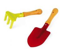 Set de jardinage enfant : pelle et rateau - outils en metal robuste rouge et vert - petit jardinier - jardin plage sable
