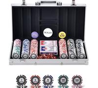 Set de jetons de poker en plastique, set de poker de 300 pièces, set de poker complet avec mallette de poker en aluminium, cartes, boutons et dés, set complet 7-8 joueurs pour Texas Hold'em, Blackjack