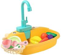 Set de jouets de cuisine avec robinet qui fonctionne, évier, légumes, fruits, panier-égouttoir, vaisselle, savon pour enfants - SINKIFUN Jaune