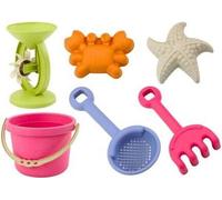 Set de jouets de sable, seau, moulin, tamis, formes pastel
