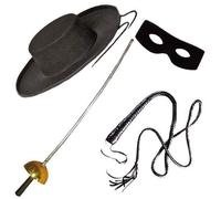 Set de Justicier Adulte 4 pièces- Zorro - Chapeau, Loup, Fouet - Noir - Feutre, Plastique, Simili