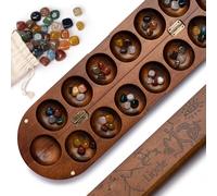Set de Mancala Deluxe : Plateau en Bois véritable avec 48 Pierres précieuses Naturelles mélangées - Pictogrammes africains Authentiques, Design Pliable pour Un Jeu de stratégie à 2 Joueurs